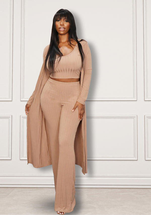 NUDE CARDIGAN PANT SET Apparel & Accessories HAUTE BY TAI´SHEREE, Stay comfortable and stylish in this three piece NUDE CARDIGAN PANT SET. Made from Modal fabric, this lounge wear set is soft and stretchy for a relaxed fit. Whether at home or out and about, you'll look your best in this ultra-chic set. Boutiques near me, women's clothing store near me.   